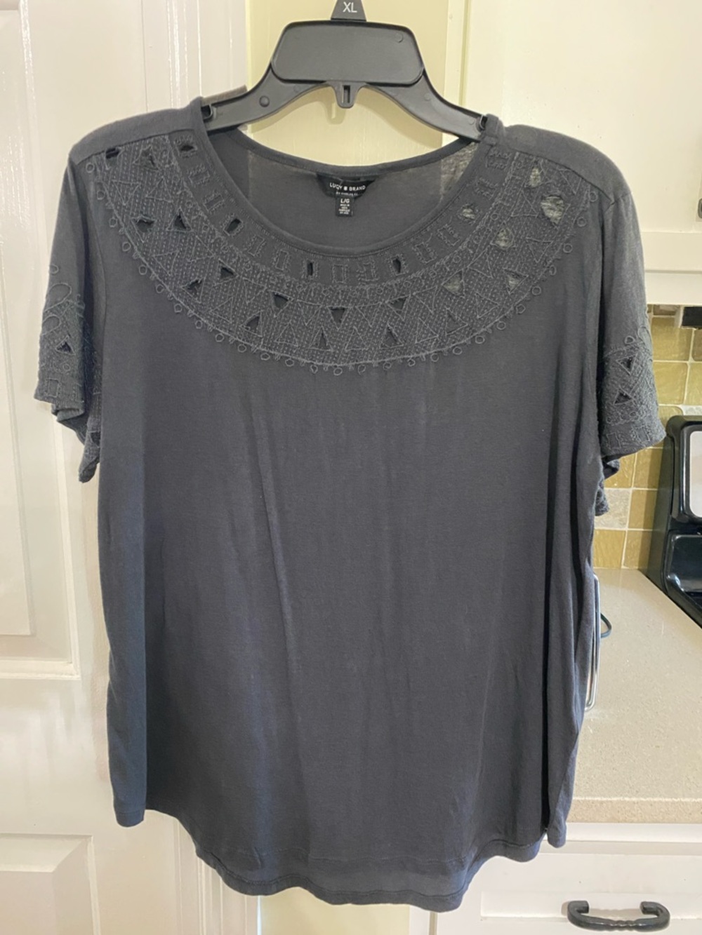 Lucky Brand Black Short Sleeve or Top with Embroidered Yoke
